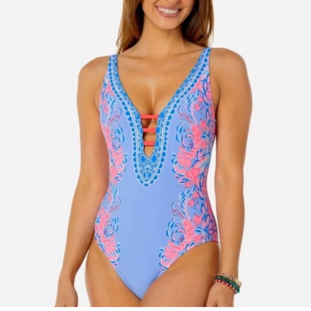 Lilly Pulitzer Jaspen Swimsuit Shrimply the Best Sz 14 Blue Peri Bathing Suit
